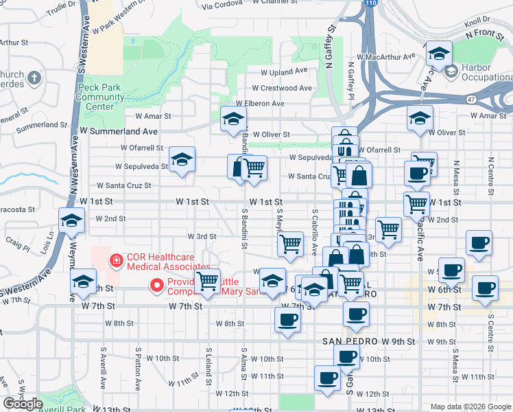 map of restaurants, bars, coffee shops, grocery stores, and more near 965 West 1st Street in Los Angeles