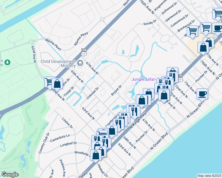 map of restaurants, bars, coffee shops, grocery stores, and more near 6516 Bryant Street in Myrtle Beach