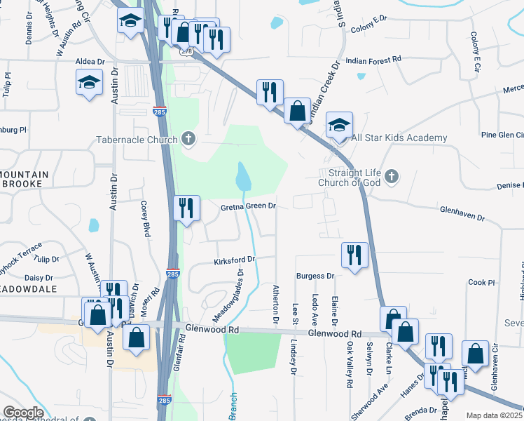 map of restaurants, bars, coffee shops, grocery stores, and more near 4025 Gretna Green Drive in Decatur