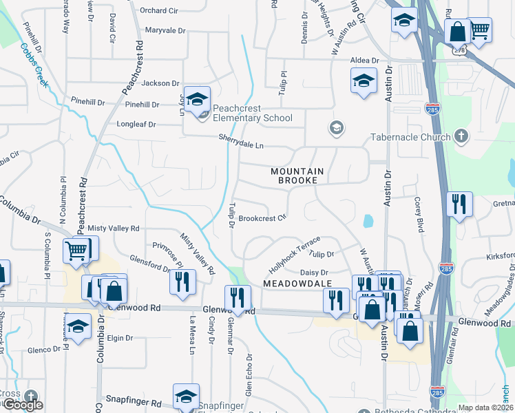 map of restaurants, bars, coffee shops, grocery stores, and more near 3609 Barrington Place in Decatur