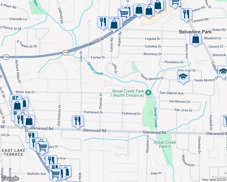 map of restaurants, bars, coffee shops, grocery stores, and more near 2800 White Oak Drive in Decatur