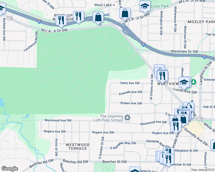 map of restaurants, bars, coffee shops, grocery stores, and more near 445 Westmeath Drive Southwest in Atlanta