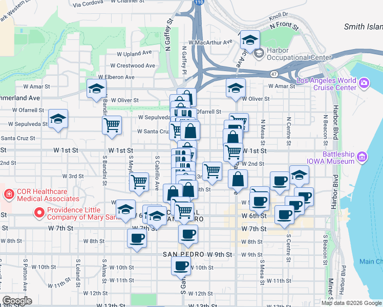 map of restaurants, bars, coffee shops, grocery stores, and more near 675 West 1st Street in Los Angeles