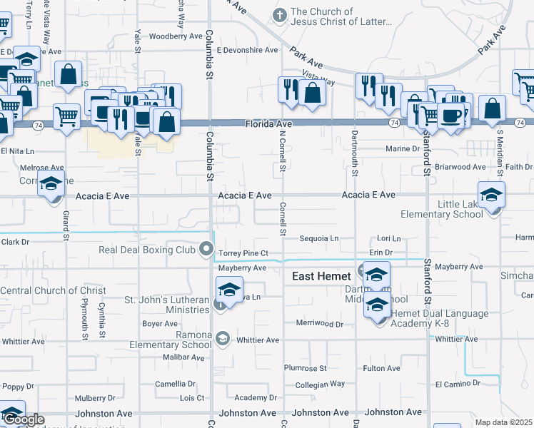 map of restaurants, bars, coffee shops, grocery stores, and more near 41201 Orange Place in Hemet