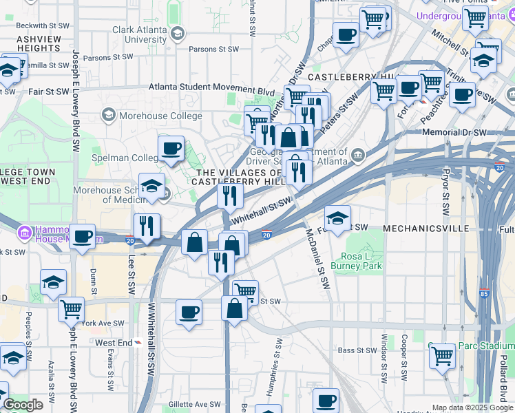 map of restaurants, bars, coffee shops, grocery stores, and more near 578 Whitehall Street Southwest in Atlanta