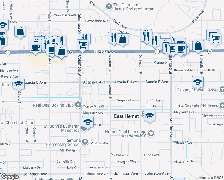 map of restaurants, bars, coffee shops, grocery stores, and more near 41265 Orange Place in Hemet