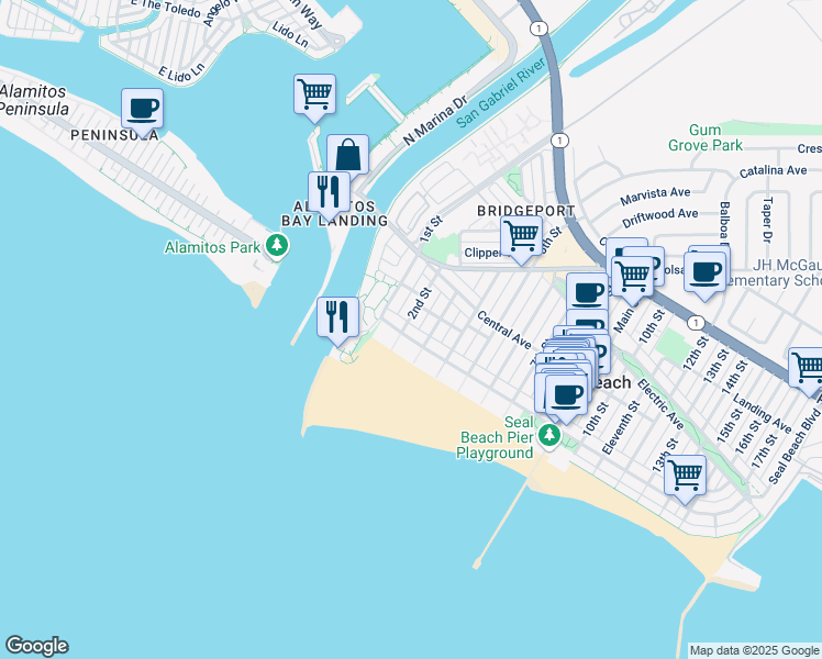 map of restaurants, bars, coffee shops, grocery stores, and more near 201 Ocean Avenue in Seal Beach