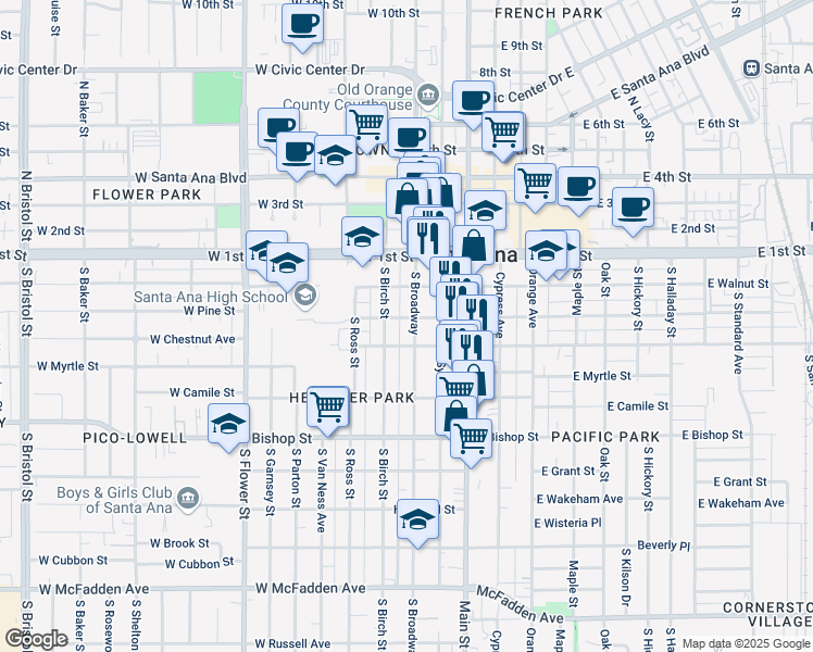 map of restaurants, bars, coffee shops, grocery stores, and more near 302 South Broadway in Santa Ana