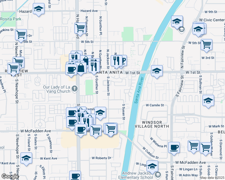 map of restaurants, bars, coffee shops, grocery stores, and more near 308 South Laurel Street in Santa Ana