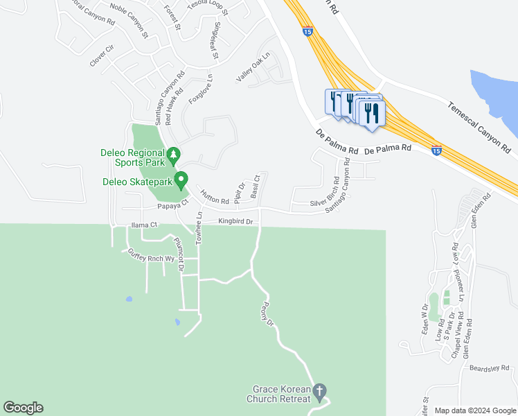 map of restaurants, bars, coffee shops, grocery stores, and more near Santiago Canyon Road in Corona