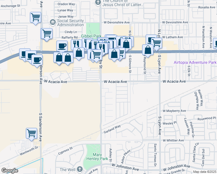 map of restaurants, bars, coffee shops, grocery stores, and more near 2411 West Acacia Avenue in Hemet