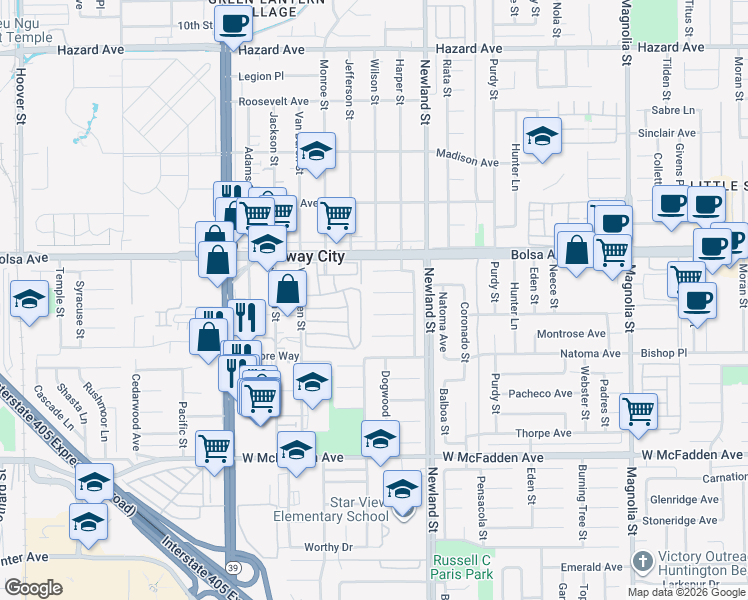 map of restaurants, bars, coffee shops, grocery stores, and more near 8412 Tulipwood Circle in Westminster