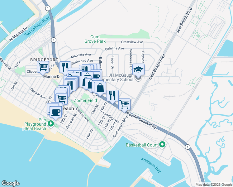 map of restaurants, bars, coffee shops, grocery stores, and more near 420 Opal Cove Way in Seal Beach