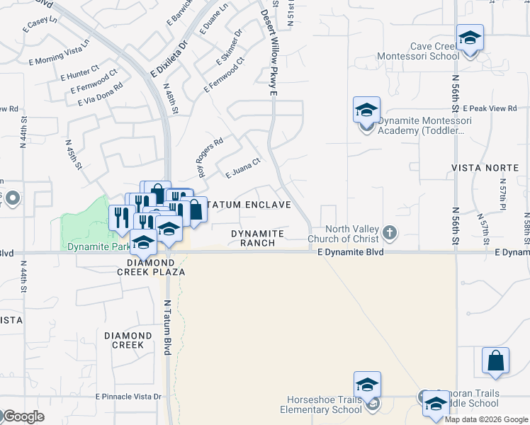 map of restaurants, bars, coffee shops, grocery stores, and more near 5045 East Lucia Drive in Cave Creek