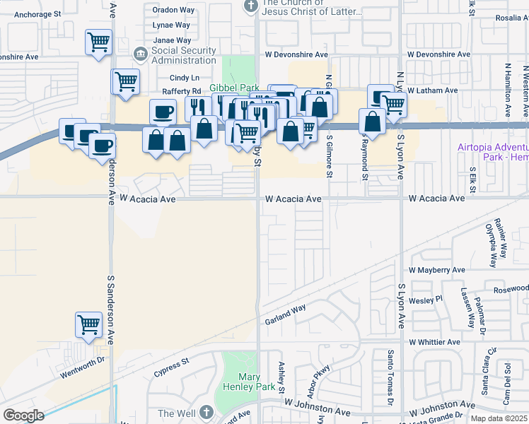 map of restaurants, bars, coffee shops, grocery stores, and more near 2493 West Acacia Avenue in Hemet