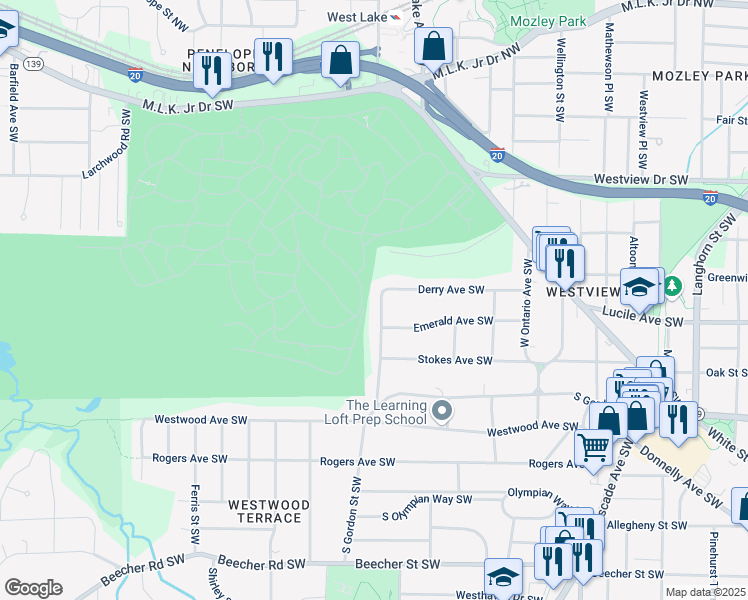 map of restaurants, bars, coffee shops, grocery stores, and more near 445 Westmeath Drive Southwest in Atlanta