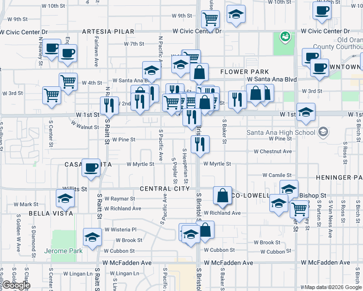 map of restaurants, bars, coffee shops, grocery stores, and more near 406 South Hesperian Street in Santa Ana