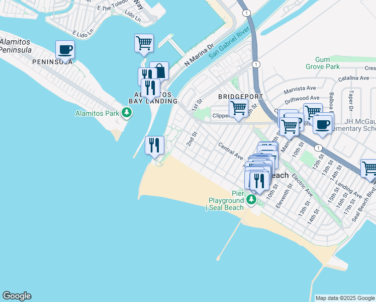 map of restaurants, bars, coffee shops, grocery stores, and more near 240 Ocean Avenue in Seal Beach