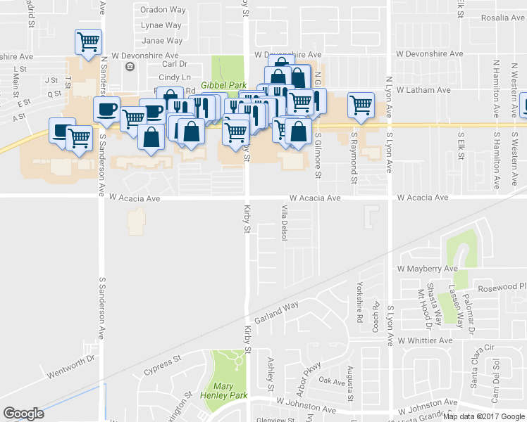 map of restaurants, bars, coffee shops, grocery stores, and more near 2433 West Acacia Avenue in Hemet