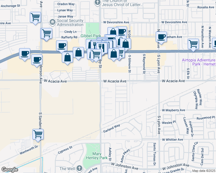 map of restaurants, bars, coffee shops, grocery stores, and more near 2411 West Acacia Avenue in Hemet