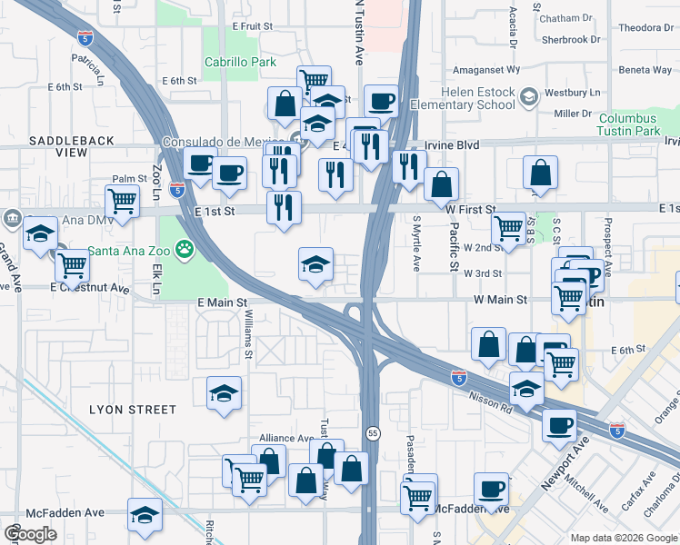 map of restaurants, bars, coffee shops, grocery stores, and more near 16879 Donwest in Tustin