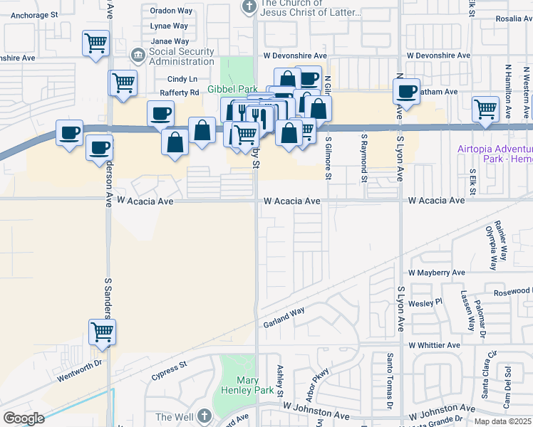 map of restaurants, bars, coffee shops, grocery stores, and more near 2497 West Acacia Avenue in Hemet