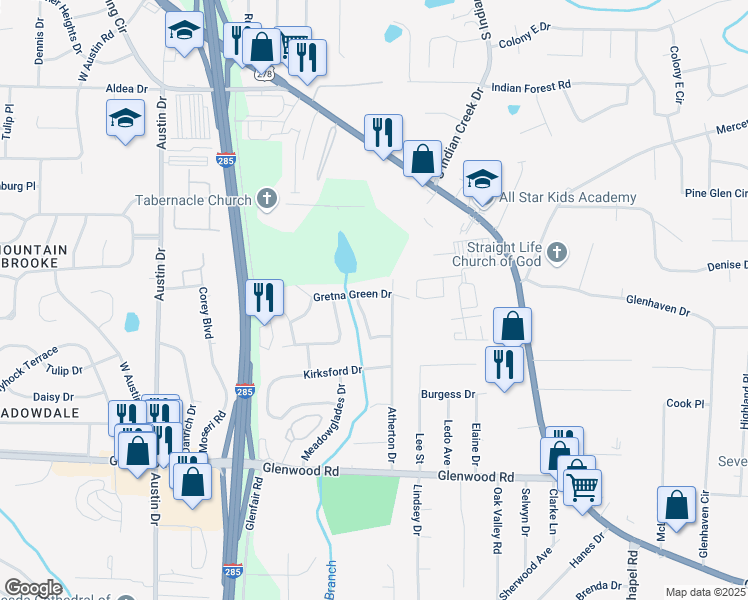 map of restaurants, bars, coffee shops, grocery stores, and more near 4025 Gretna Green Drive in Decatur