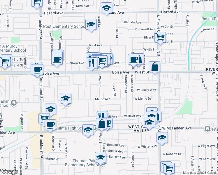 map of restaurants, bars, coffee shops, grocery stores, and more near 15161 Reeve Street in Garden Grove