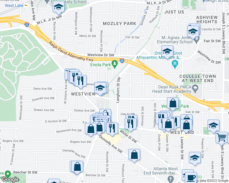 map of restaurants, bars, coffee shops, grocery stores, and more near 446 Langhorn Street Southwest in Atlanta