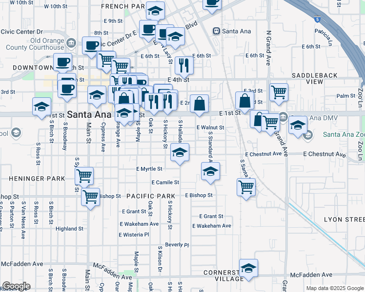 map of restaurants, bars, coffee shops, grocery stores, and more near in Santa Ana