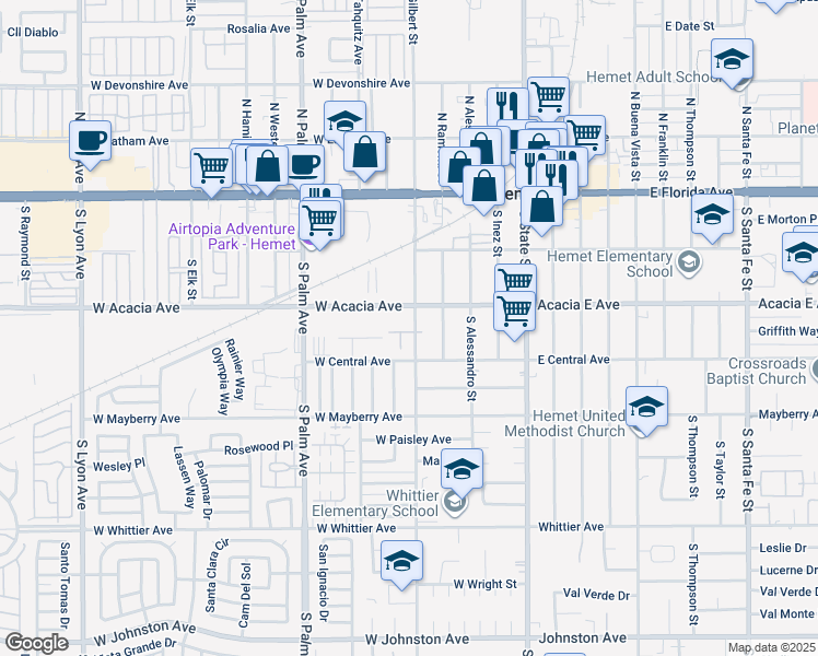 map of restaurants, bars, coffee shops, grocery stores, and more near 327 South Gilbert Street in Hemet