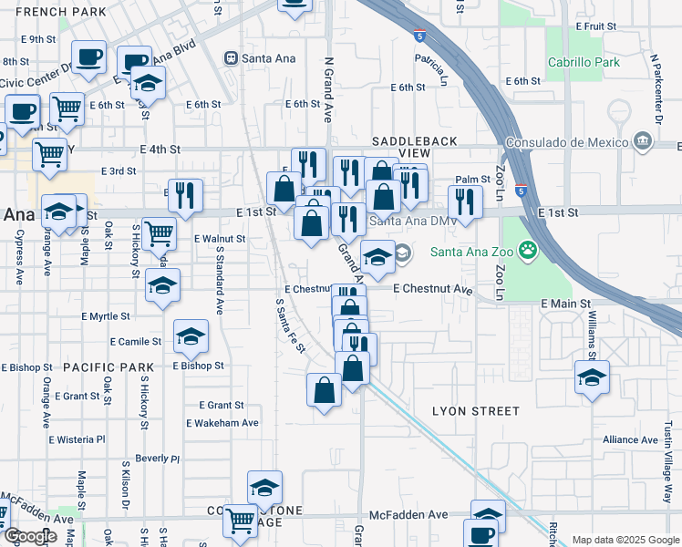 map of restaurants, bars, coffee shops, grocery stores, and more near 1074 East Chestnut Avenue in Santa Ana