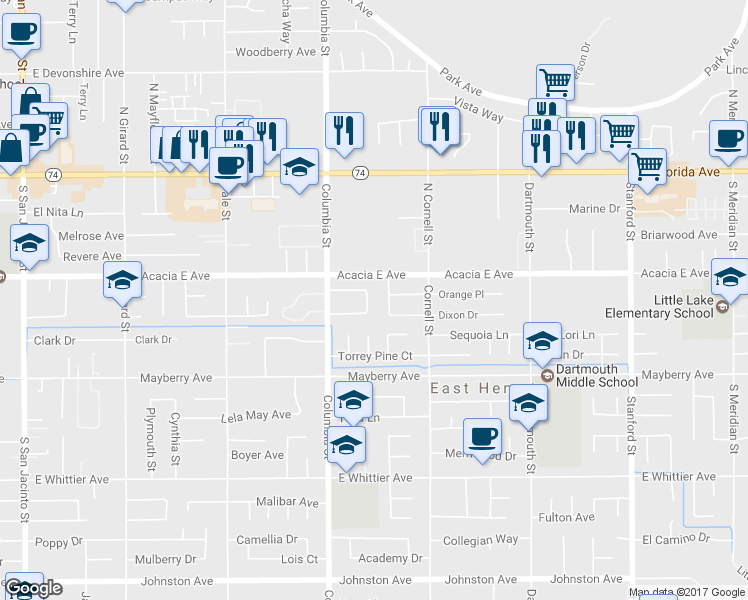 map of restaurants, bars, coffee shops, grocery stores, and more near 26056 Camphorwood Avenue in Hemet