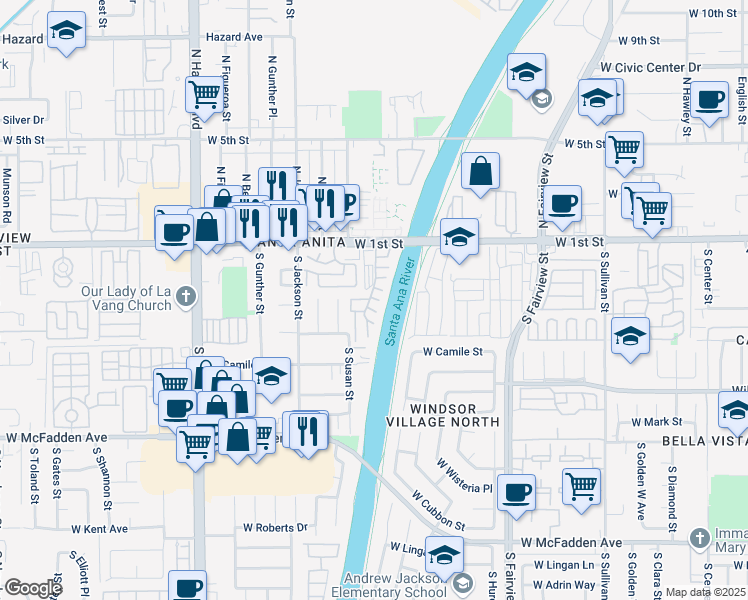 map of restaurants, bars, coffee shops, grocery stores, and more near 3126 West 1st Street in Santa Ana