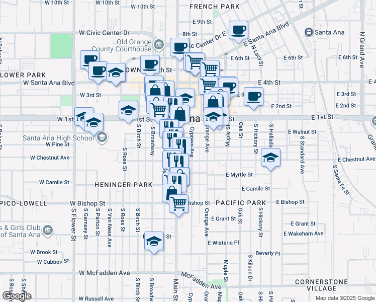 map of restaurants, bars, coffee shops, grocery stores, and more near 120 East Pine Street in Santa Ana