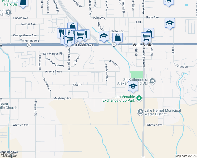 map of restaurants, bars, coffee shops, grocery stores, and more near 43531 Acacia East Avenue in Hemet