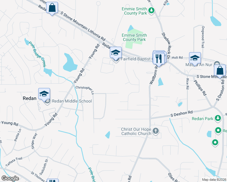 map of restaurants, bars, coffee shops, grocery stores, and more near 5908 Hallwood Court in Lithonia