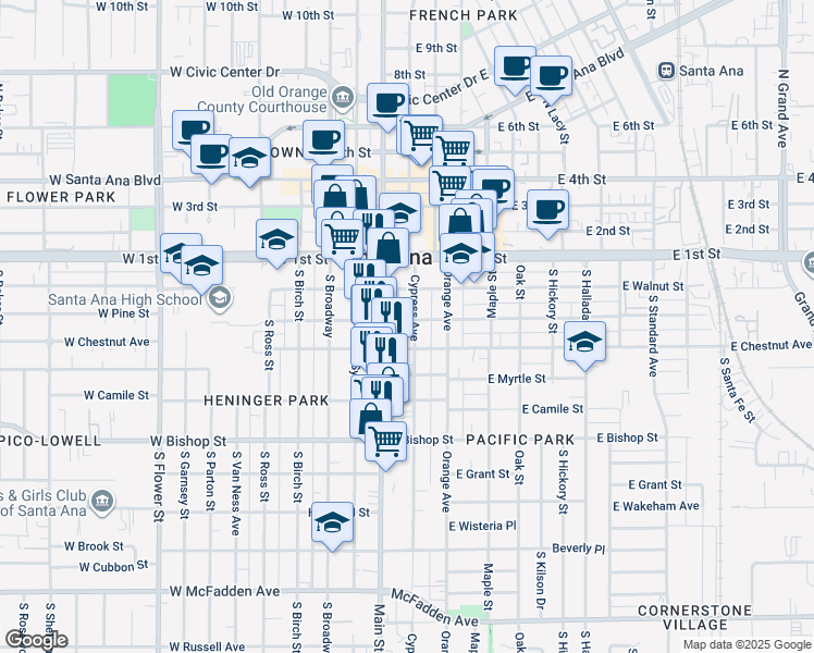 map of restaurants, bars, coffee shops, grocery stores, and more near 301 South Main Street in Santa Ana