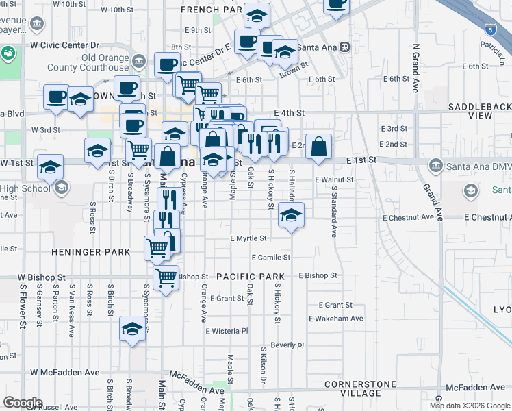 map of restaurants, bars, coffee shops, grocery stores, and more near 502 East Pine Street in Santa Ana