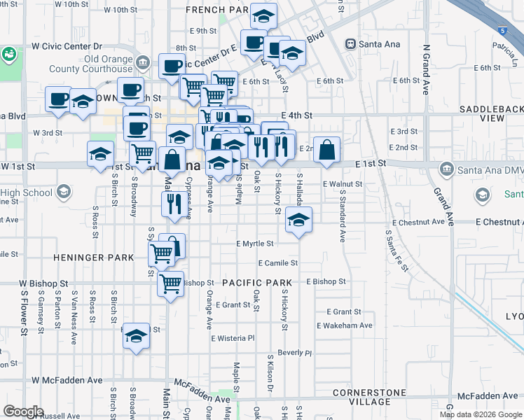 map of restaurants, bars, coffee shops, grocery stores, and more near 421 East Chestnut Avenue in Santa Ana
