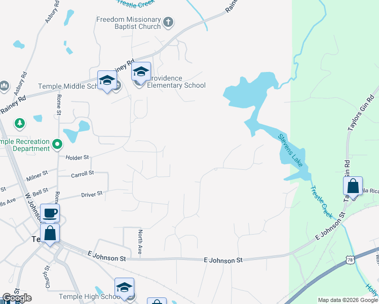 map of restaurants, bars, coffee shops, grocery stores, and more near 200 Ivey Lake Parkway in Temple