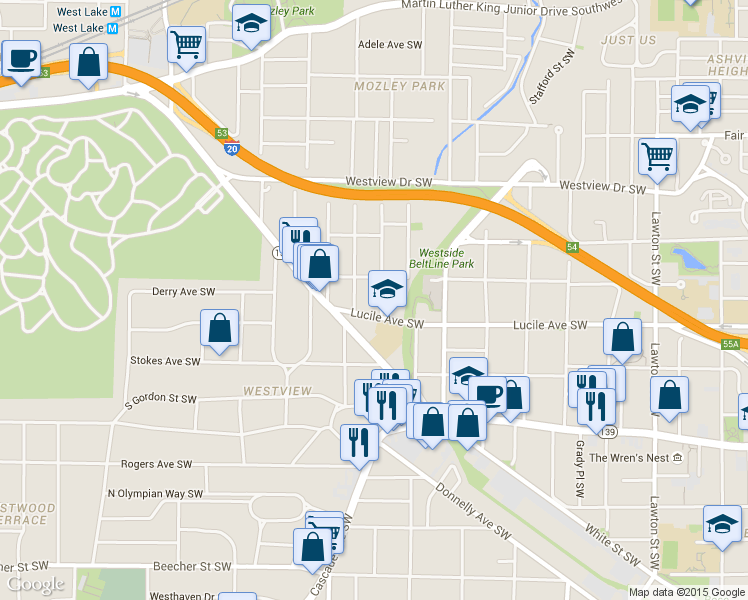 map of restaurants, bars, coffee shops, grocery stores, and more near 441 Altoona Pl SW in Atlanta