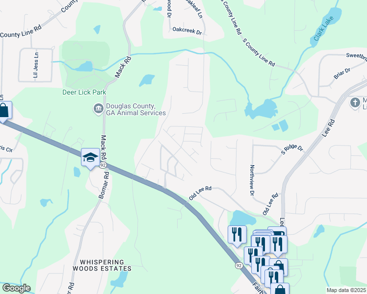 map of restaurants, bars, coffee shops, grocery stores, and more near 2390 Fairburn Road in Douglasville
