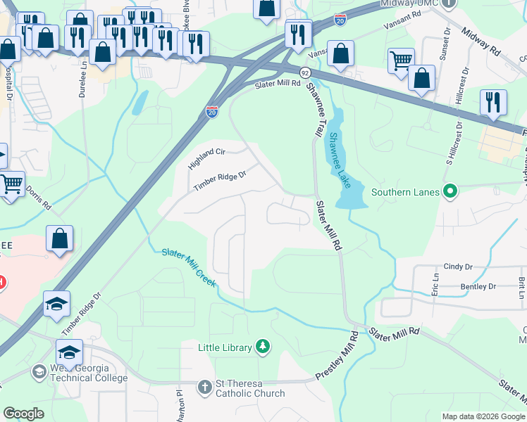 map of restaurants, bars, coffee shops, grocery stores, and more near 1004 Haven Circle in Douglasville
