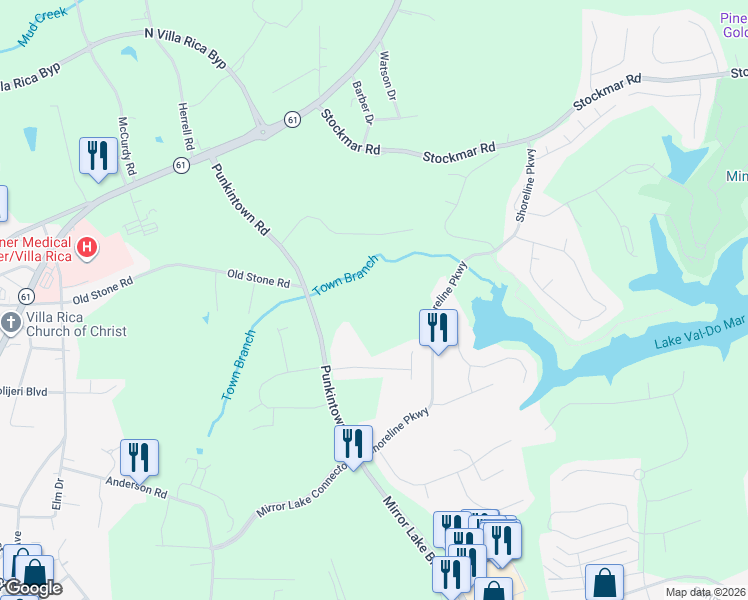 map of restaurants, bars, coffee shops, grocery stores, and more near 130 Chadwick Place in Villa Rica