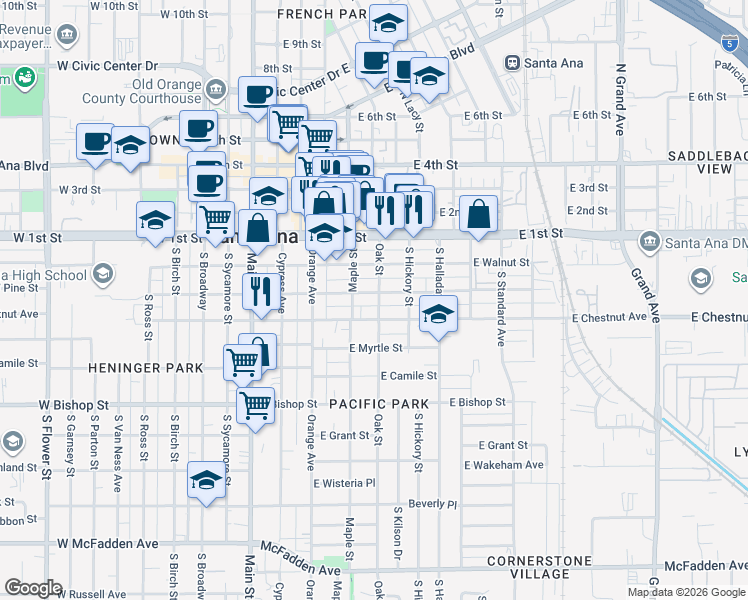 map of restaurants, bars, coffee shops, grocery stores, and more near 424 East Pine Street in Santa Ana