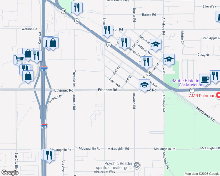 map of restaurants, bars, coffee shops, grocery stores, and more near 27536 Ethanac Road in Romoland