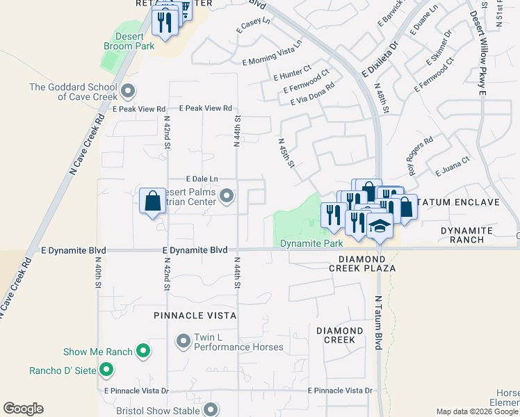 map of restaurants, bars, coffee shops, grocery stores, and more near 28320 North 44th Way in Cave Creek