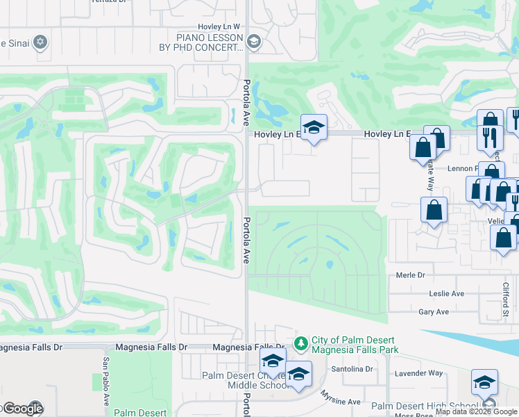 map of restaurants, bars, coffee shops, grocery stores, and more near 74100 Cobalt Way in Palm Desert