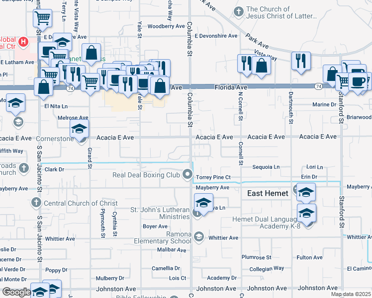 map of restaurants, bars, coffee shops, grocery stores, and more near 26135 Columbia Street in Hemet